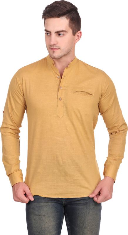 Men Solid Cotton Linen A-line Kurta  (Gold)