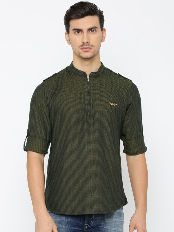 Men Checkered Pure Cotton Straight Kurta  (Dark Green)