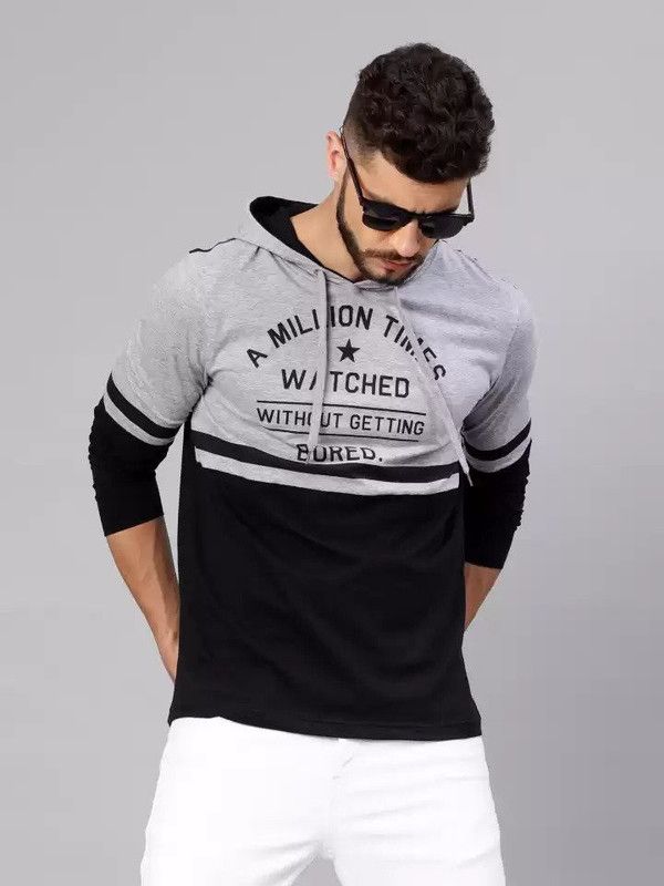 Men Typography Hooded Neck Cotton Blend Black, Grey T-Shirt
