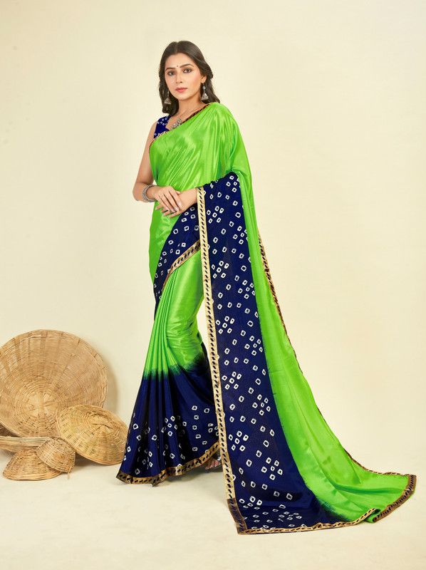 Geometric Print, Embellished Bandhani Silk Blend Saree  (Dark Blue, Green)