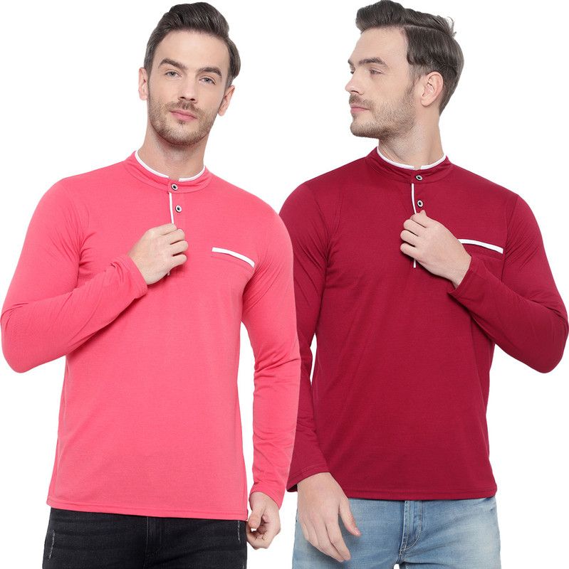 Pack of 2 Men Solid Mandarin Collar Cotton Blend Maroon, Pink T-Shirt