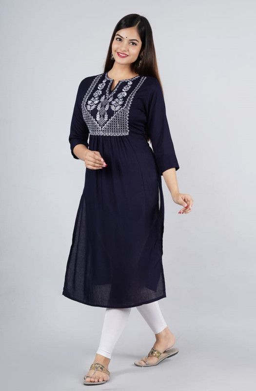 Women Embroidered Kurta  (Dark Blue)