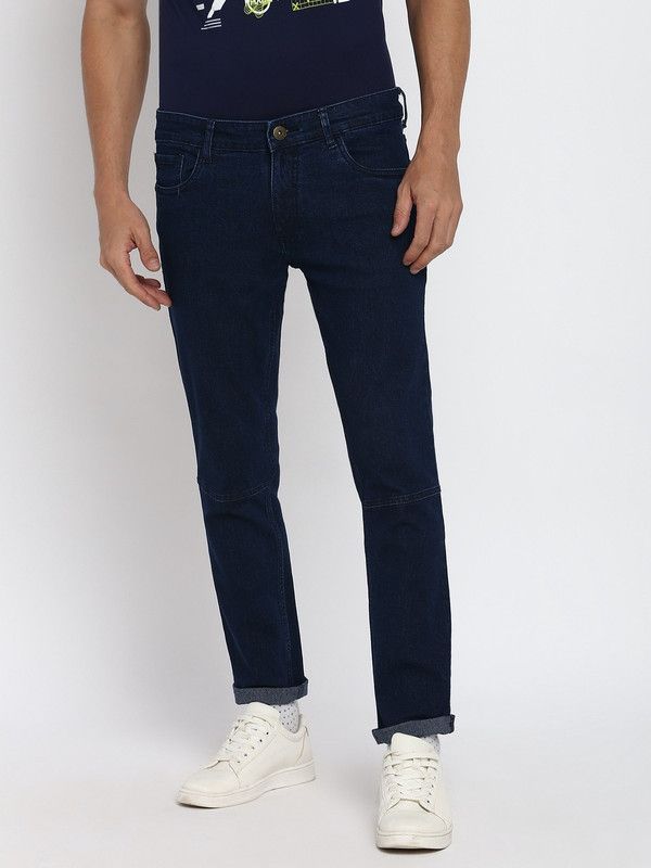 Men Tapered Fit Mid Rise Dark Blue Jeans