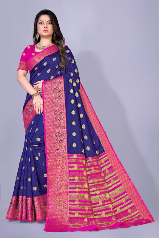 Kanjivaram Cotton Blend, Cotton Silk Saree  (Dark Blue, Pink)