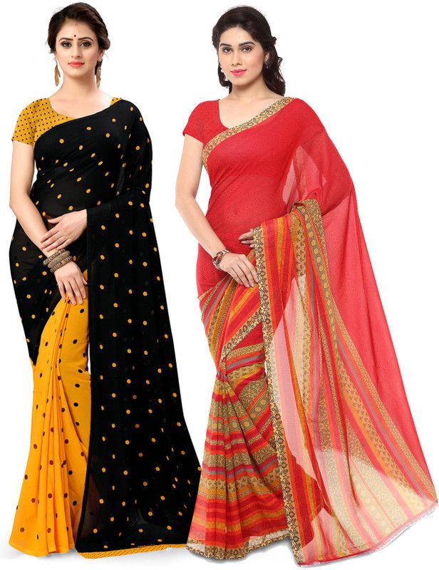 Polka Print Daily Wear Georgette Saree  (Pack of 2, Black, Orange)