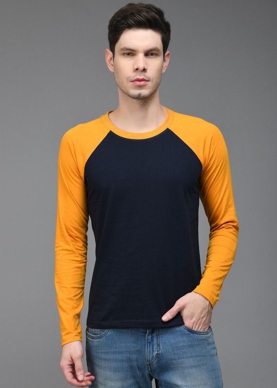 Men Color Block Round Neck Pure Cotton Blue, Yellow T-Shirt