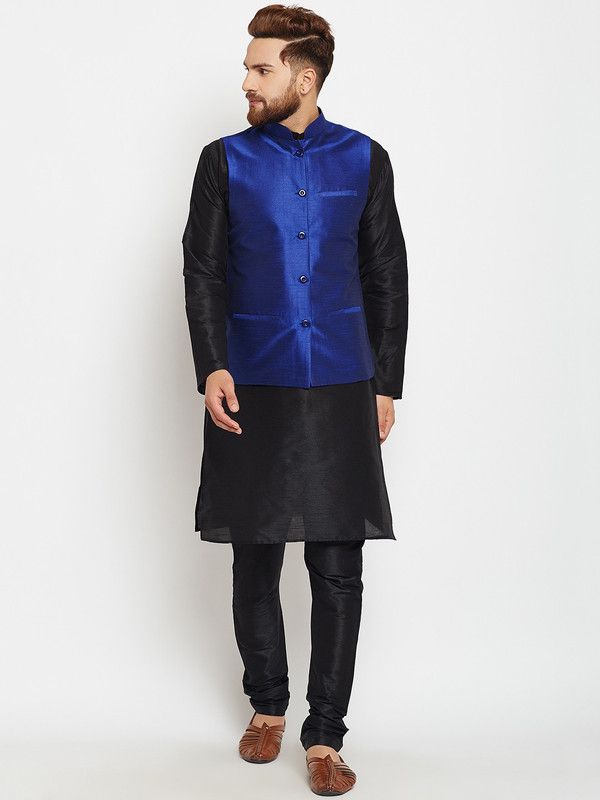 Men Ethnic Jacket, Kurta and Churidar Set Art Silk