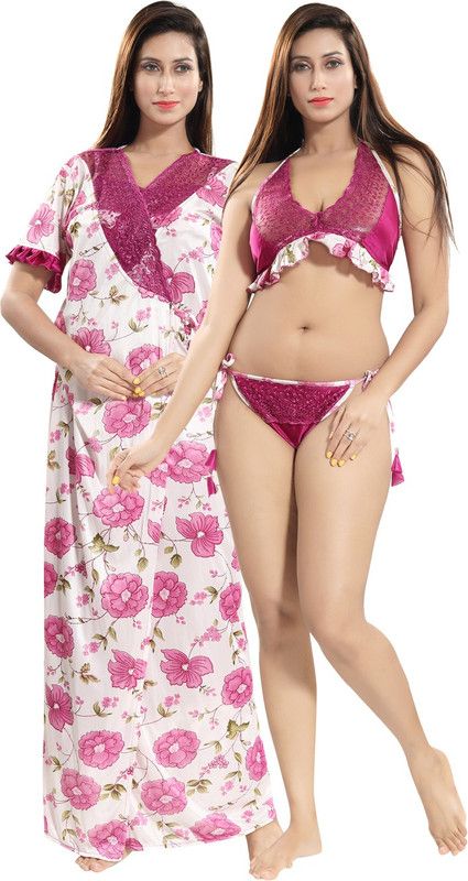 Pack of 3 Women Robe and Lingerie Set  (Pink)