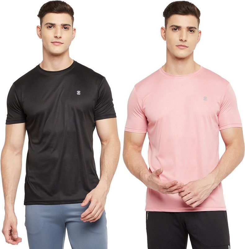 Pack of 2 Men Solid Round Neck Polyester Pink, Black T-Shirt
