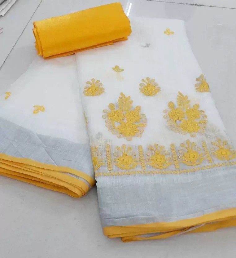 Embroidered Bollywood Cotton Linen Saree  (White)