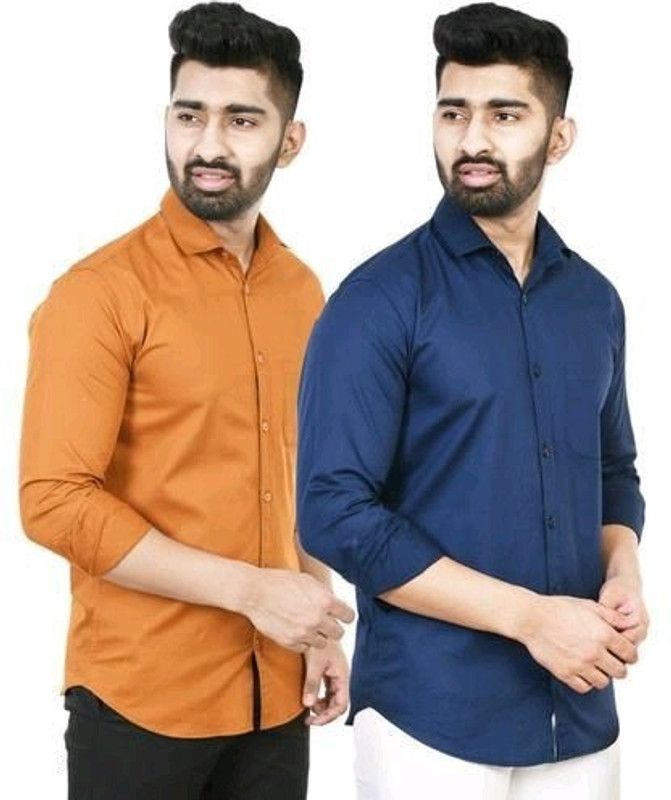 Men Solid Formal Orange, Dark Blue Shirt  (Pack of 2)