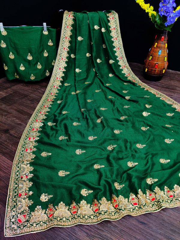 Embroidered, Embellished Bollywood Art Silk, Silk Blend Saree  (Green, Gold)