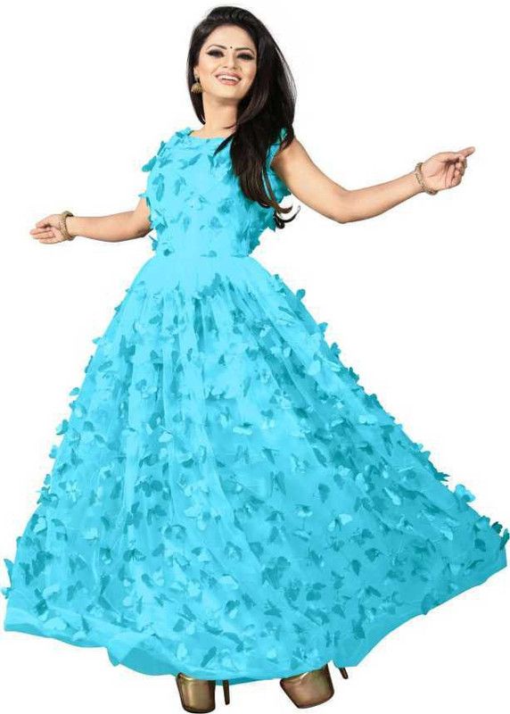 Self Design Net Semi Stitched Flared/A-line Gown  (Light Blue)