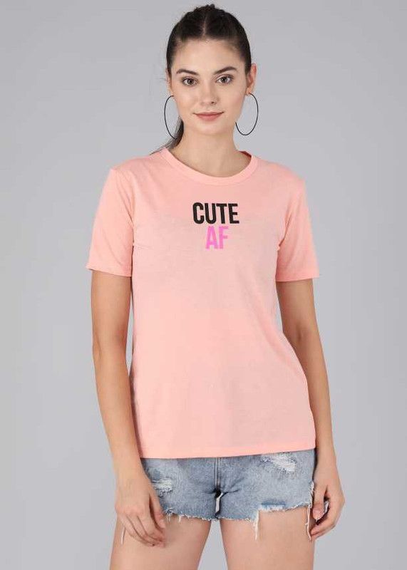 PEACH00123 Women Printed Round Neck Cotton Blend Pink T-Shirt