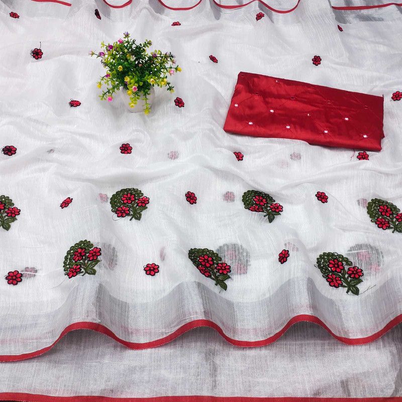 Self Design Daily Wear Cotton Linen Saree  (White)