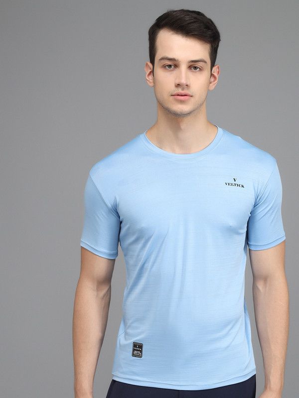 Men Solid Round Neck Elastane Light Blue T-Shirt