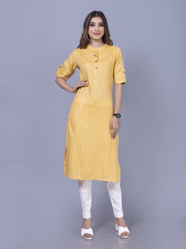 Women Striped Pure Cotton Straight Kurta  (Yellow)