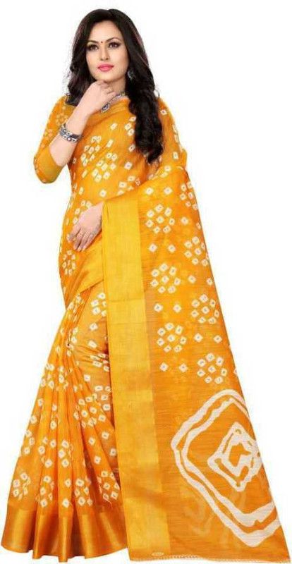 Printed Bandhani Cotton Silk Saree  (Yellow)