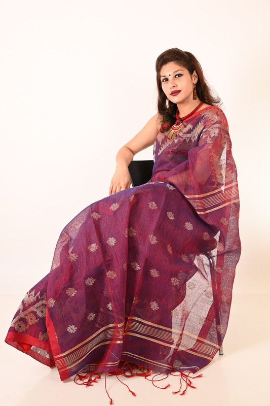 Woven Handloom Linen Saree  (Maroon)