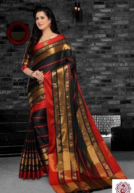 Paithani Cotton Silk Saree  (Red, Black)