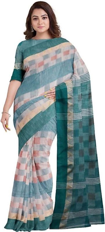 Printed Handloom Pure Cotton Saree  (White, Green)