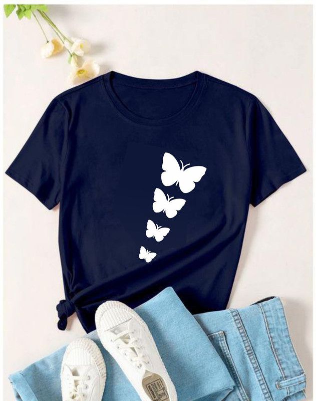 Butterfly Women Printed Round Neck Cotton Blend Blue T-Shirt