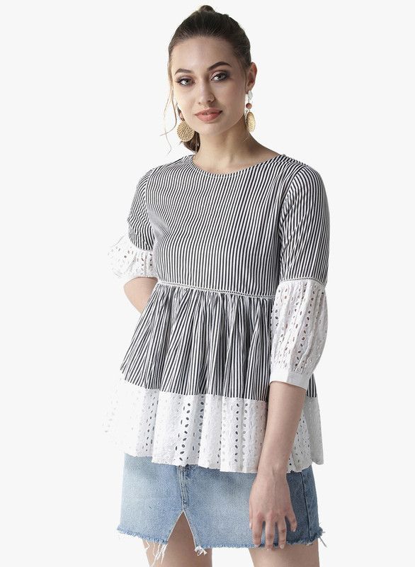Party Puff Sleeves Striped Women Black Top