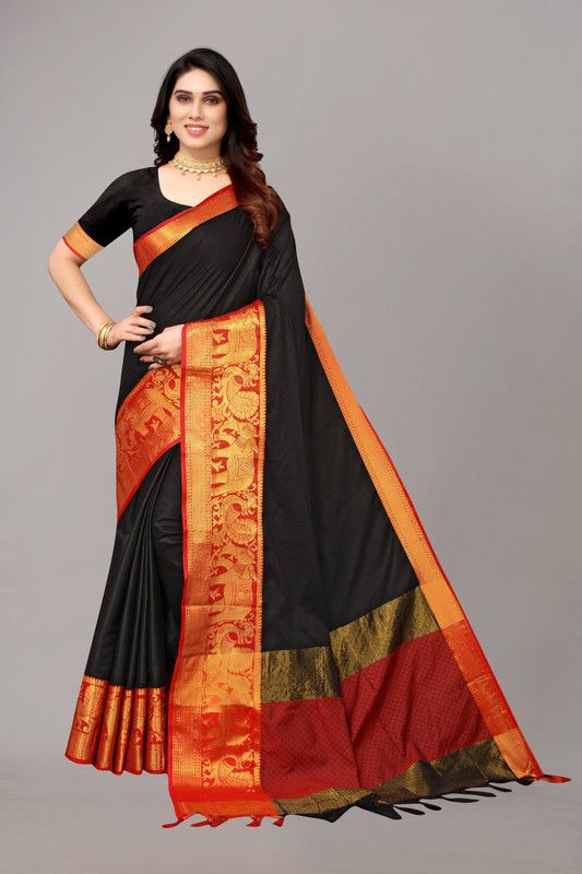 Self Design Banarasi Cotton Blend Saree  (Black)