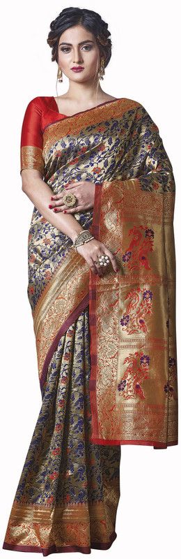 Self Design Bollywood Pure Silk Saree  (Blue, Orange)