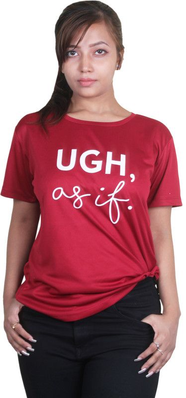 Women Printed Round Neck Polyester Maroon T-Shirt