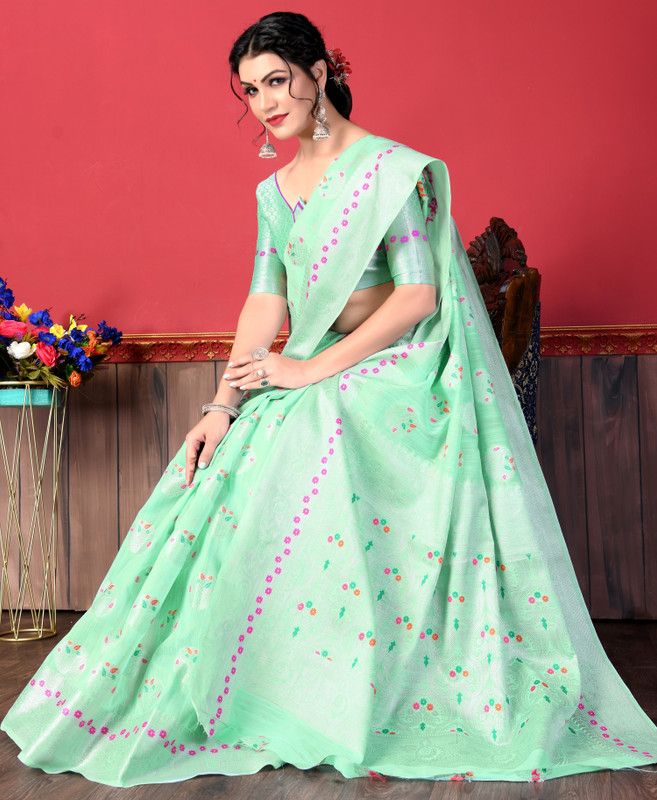 Printed Banarasi Linen Saree  (Light Green)