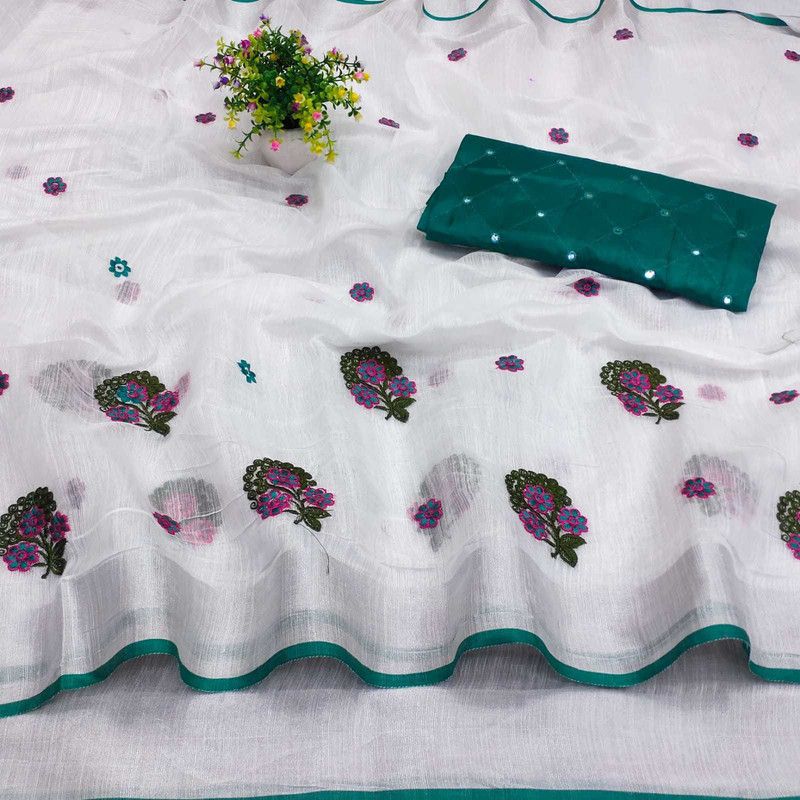 Self Design Daily Wear Cotton Linen Saree  (White, Blue)