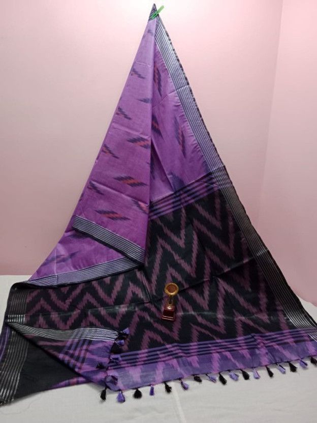 Printed Ikkat Cotton Linen Saree  (Purple)