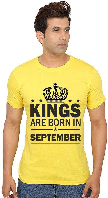 Kings are born in Sept Pattern Men Printed Round Neck Pure Cotton Yellow T-Shirt