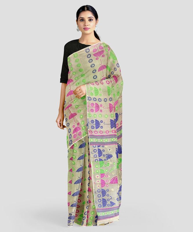 Printed Jamdani Cotton Silk Saree  (Cream)