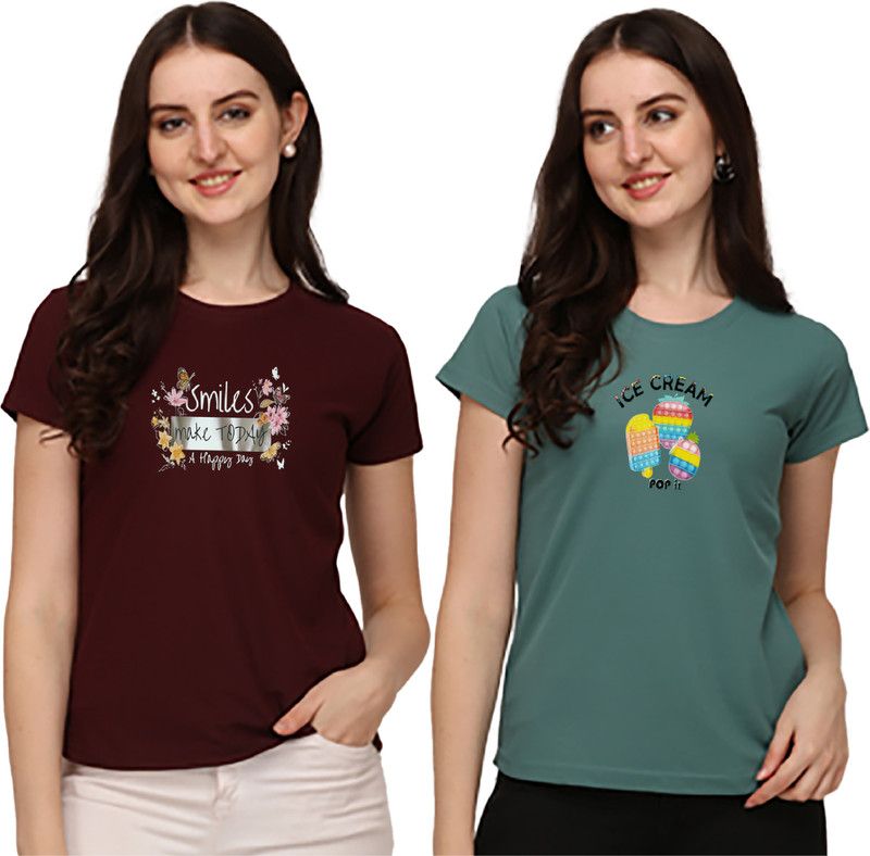 Pack of 2 Women Printed Round Neck Elastane Green, Maroon T-Shirt