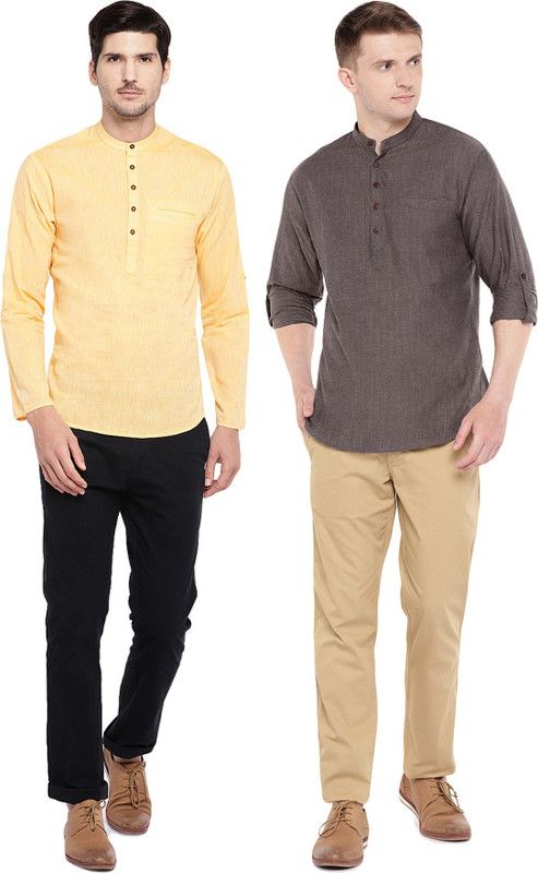 Pack of 2 Men Self Design Pure Cotton Straight Kurta  (Brown, Yellow)