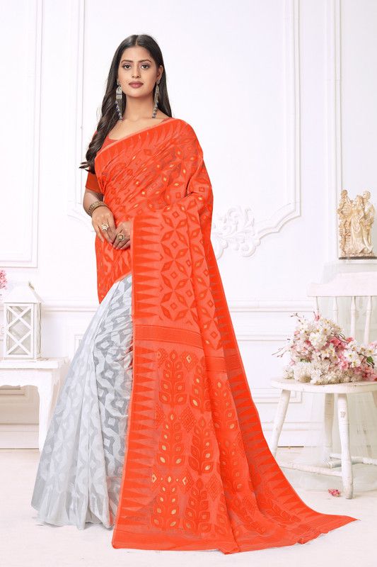 Self Design Jamdani Pure Cotton Saree  (Orange)