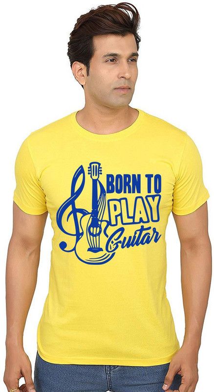Born To Play Guitar Men Graphic Print Round Neck Pure Cotton Yellow T-Shirt