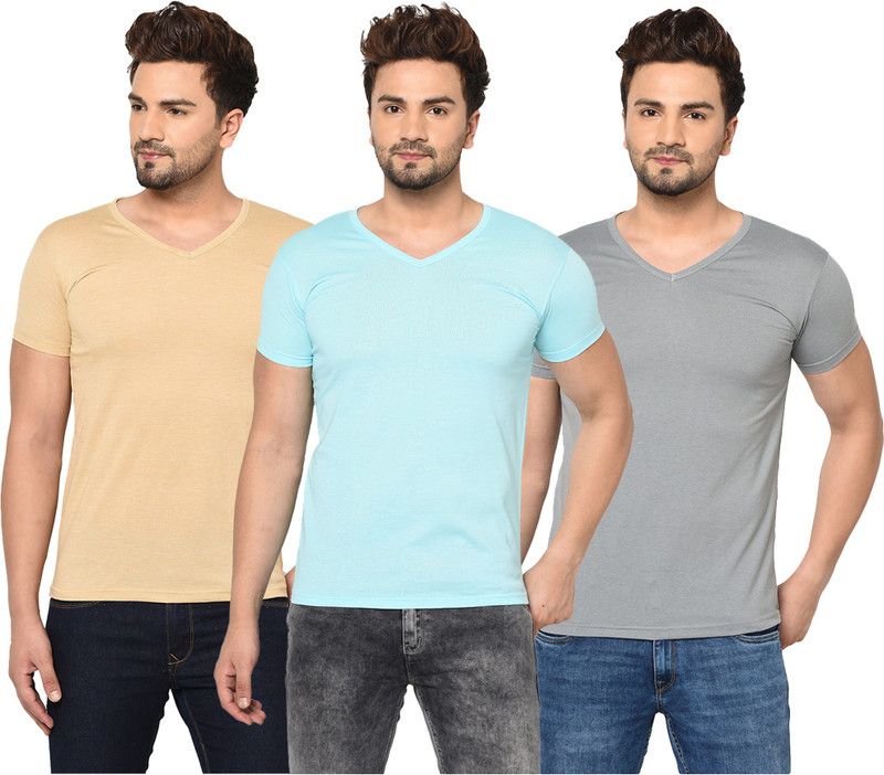 Pack of 3 Men Solid V Neck Cotton Blend Blue, Grey, Beige T-Shirt