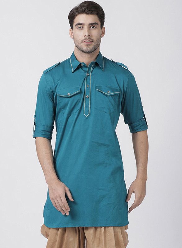 Men Solid Cotton Blend Pathani Kurta  (Dark Blue)