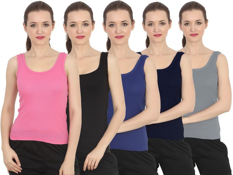 Pack of 5 Casual Sleeveless Solid Women Dark Blue, Blue, Pink, Black, Grey Top