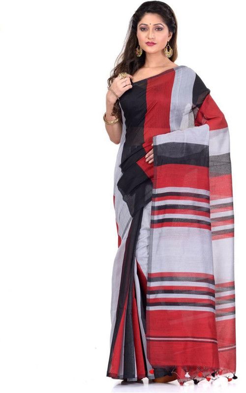 Striped Daily Wear Cotton Blend Saree  (Red)