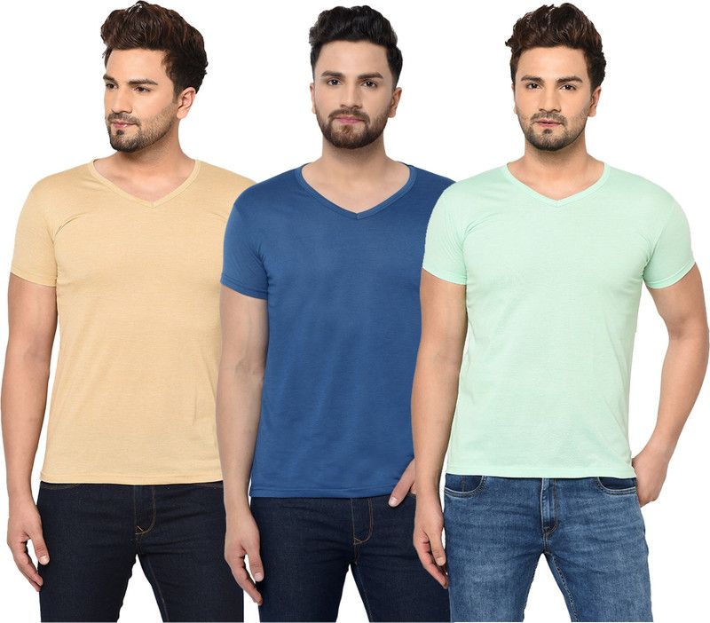 Pack of 3 Men Solid V Neck Cotton Blend Green, Blue, Beige T-Shirt