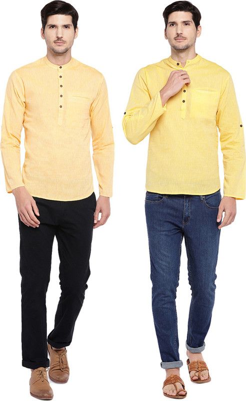 Pack of 2 Men Self Design Pure Cotton Straight Kurta  (Yellow)