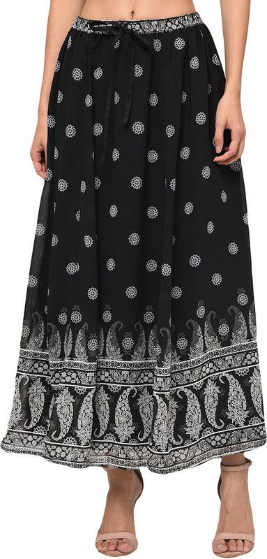 Women Printed A-line Black Skirt
