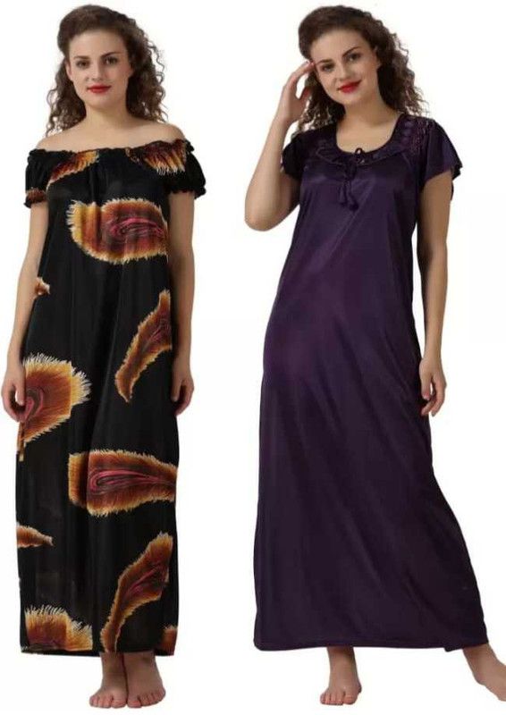 Women Night Dress  (Purple, Black)