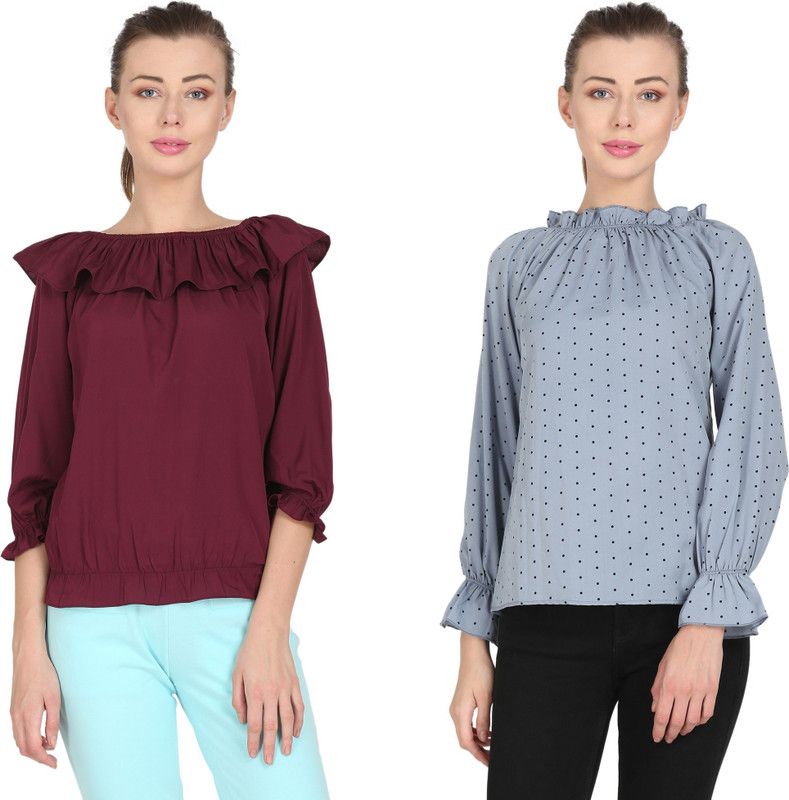Pack of 2 Casual Regular Sleeves Solid Women Maroon, Grey Top
