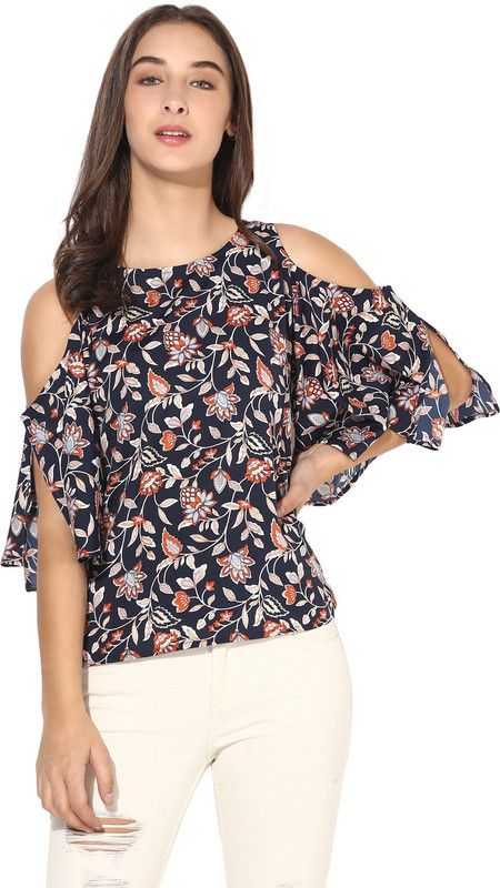 Casual Cold Shoulder Sleeves Floral Print Women Dark Blue, White, Orange Top
