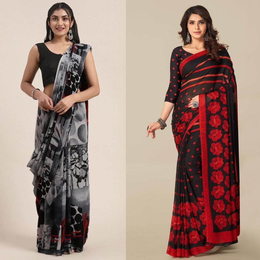 Printed Daily Wear Georgette Saree  (Red, Grey)